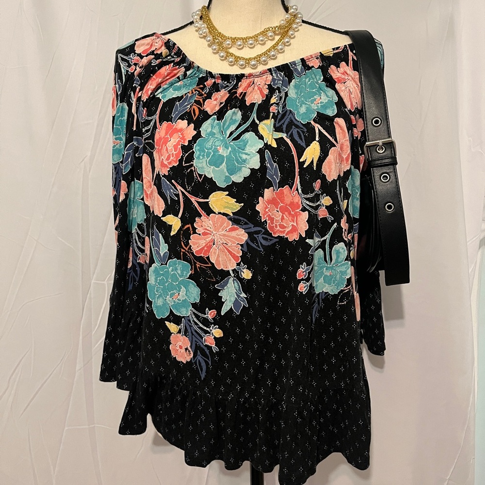 Style & Co Pink and Blue Floral Relaxed Blouse